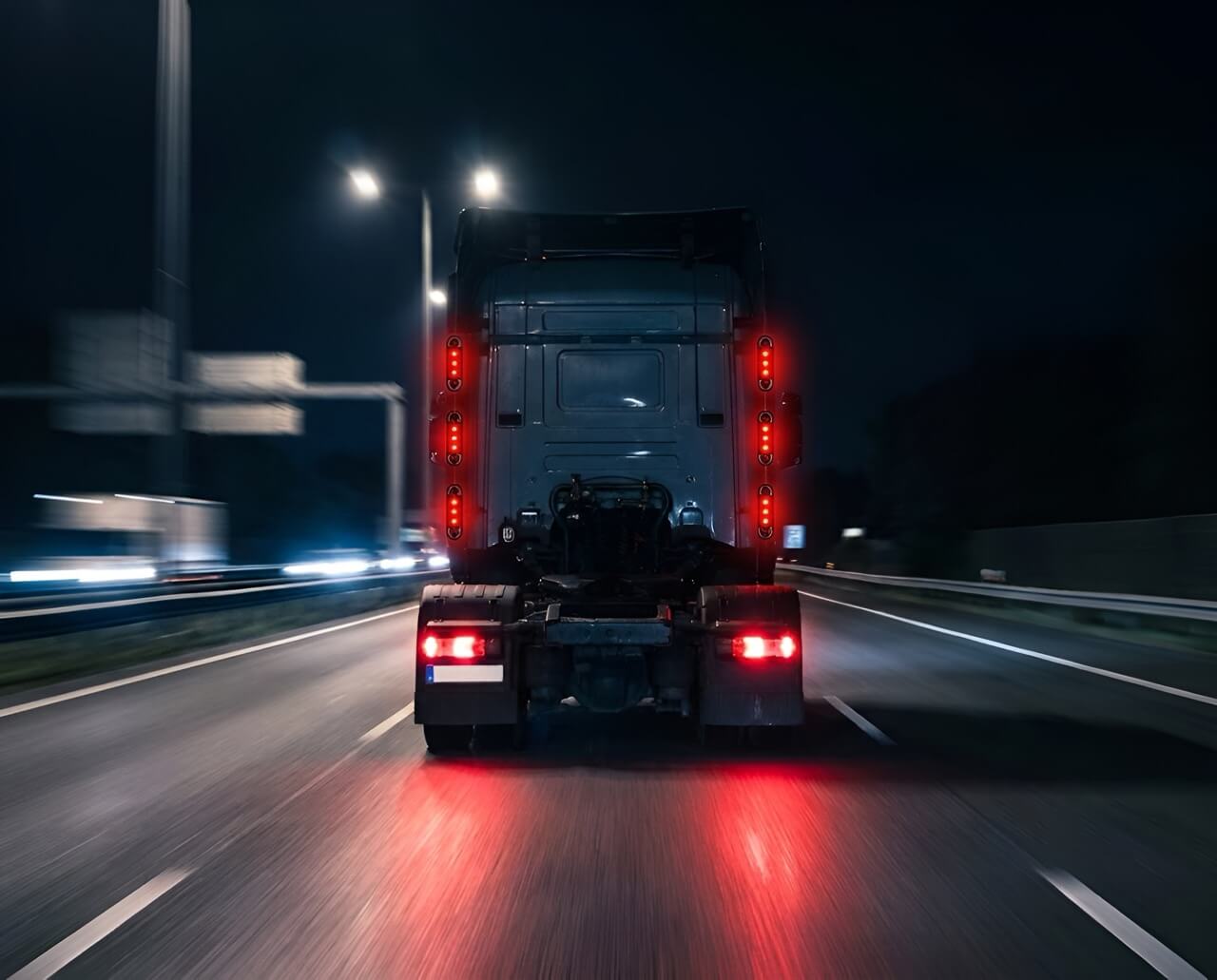 Rozsvícené červené LED obrysové světlo 12V/24V v noci na dálnici - Červené LED obrysové světlo 12V/24V, IP67, R10, R148, 3LED