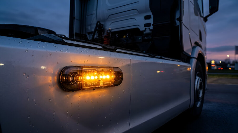 Oranžové LED obrysové světlo s krytím IP67 namontované na boku vozidla - Oranžové LED obrysové světlo 12V/24V, IP67, R10, R148, 6LED