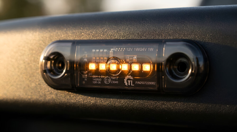 Detail 6 LED diod pod kouřovým sklem pro oranžové LED obrysové světlo - Oranžové LED obrysové světlo 12V/24V, IP67, R10, R148, 6LED