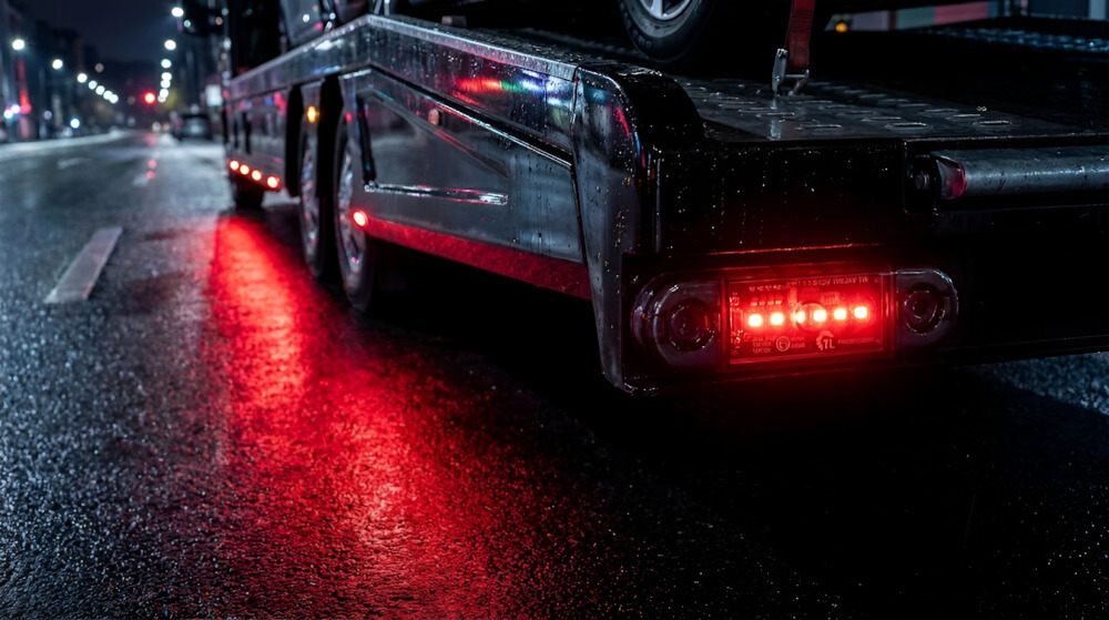 Red LED marker light with IP67 protection mounted on the side of a vehicle - Red LED marker light 12V/24V, IP67, R10, R148, 6LED