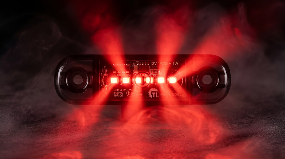 Detail of 6 LED diodes under smoked glass for red LED marker light - Red LED marker light 12V/24V, IP67, R10, R148, 6LED