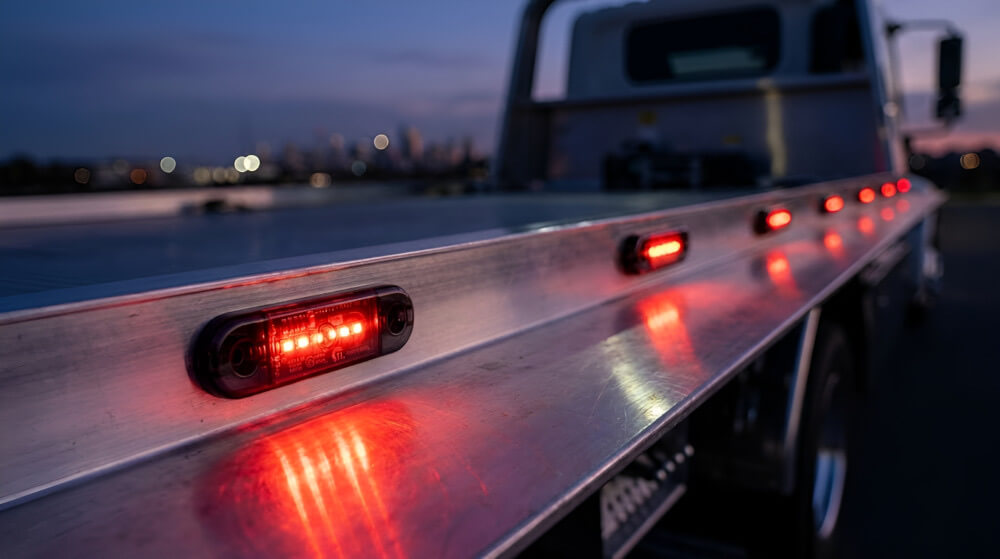 Illuminated red LED marker light 12V/24V at night on the motorway - Red LED marker light 12V/24V, IP67, R10, R148, 6LED