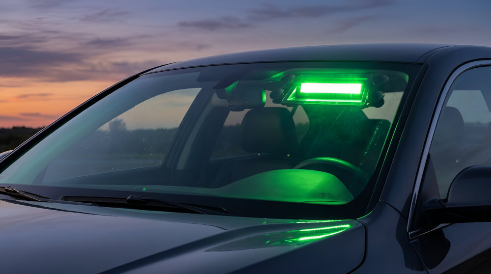 Grünes LED-Warnstroboskop mit Saugnäpfen an der Windschutzscheibe des Fahrzeugs befestigt