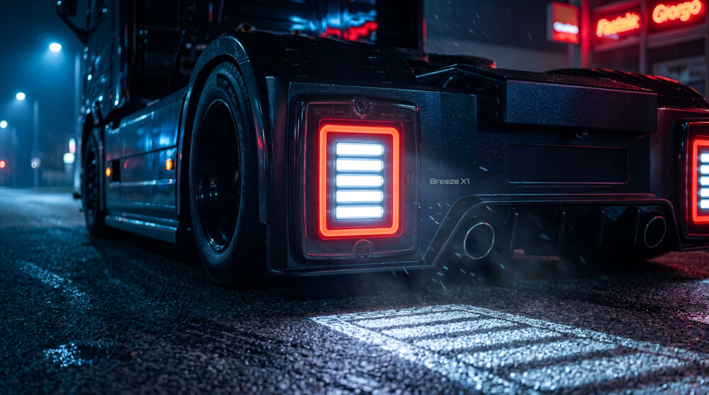 Aplikace kouřového zadního LED světla se zpátečkou Ledson Breeze X1 na zadní části nákladního tahače