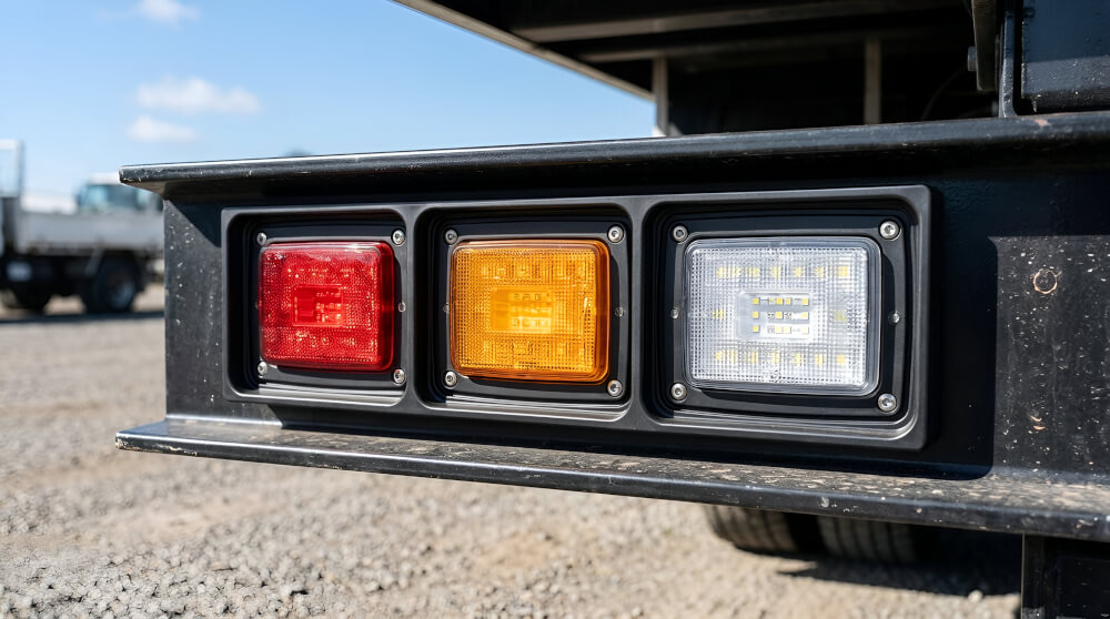 Zadní montážní rámeček 3 pozice na nákladním voze Instalovaný zadní montážní rámeček pro 3 LED světla Ledson Breeze X1 na zadní části nákladního automobilu