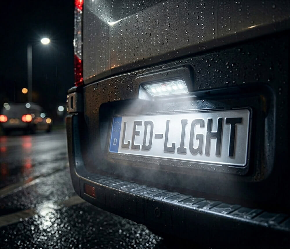 Použití osvětlení SPZ na nákladním vozidle Zadní nárazník nákladního automobilu s nainstalovaným osvětlením registrační značky za šera