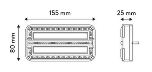 Technický nákres a rozměry 155x80x25 mm pro bezdrátová magnetická zadní LED světla s dynamickým blinkrem