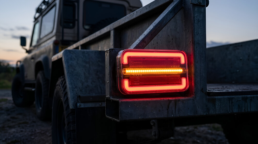 Bezdrátová magnetická zadní LED světla s dynamickým blinkrem upevněná na zadní části přívěsného vozíku