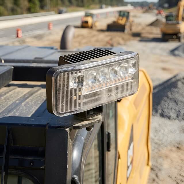Instalované víceúčelové pracovní LED světlo na rameni stavebního bagru během noční práce