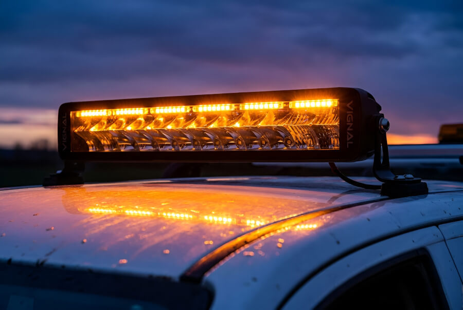 Detail zapnutého oranžového výstražného režimu u kombinované LED rampy - Kombinovaná LED rampa 49W s oranžovým majákem, IP69K, R112/R65/R7/R10
