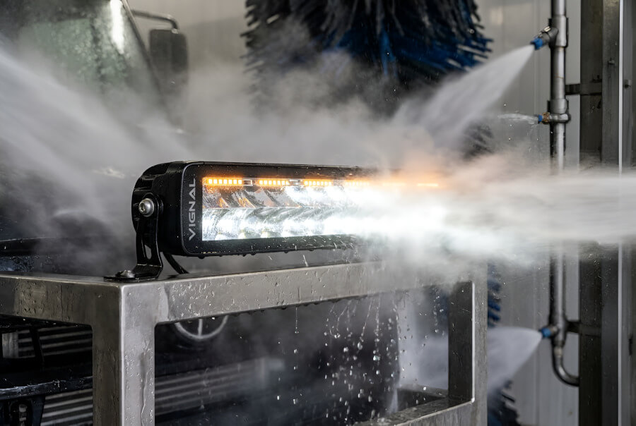 Kombinovaná LED rampa s oranžovým majákem namontovaná na off-road vozidle v těžkém terénu - Kombinovaná LED rampa 49W s oranžovým majákem, IP69K, R112/R65/R7/R10