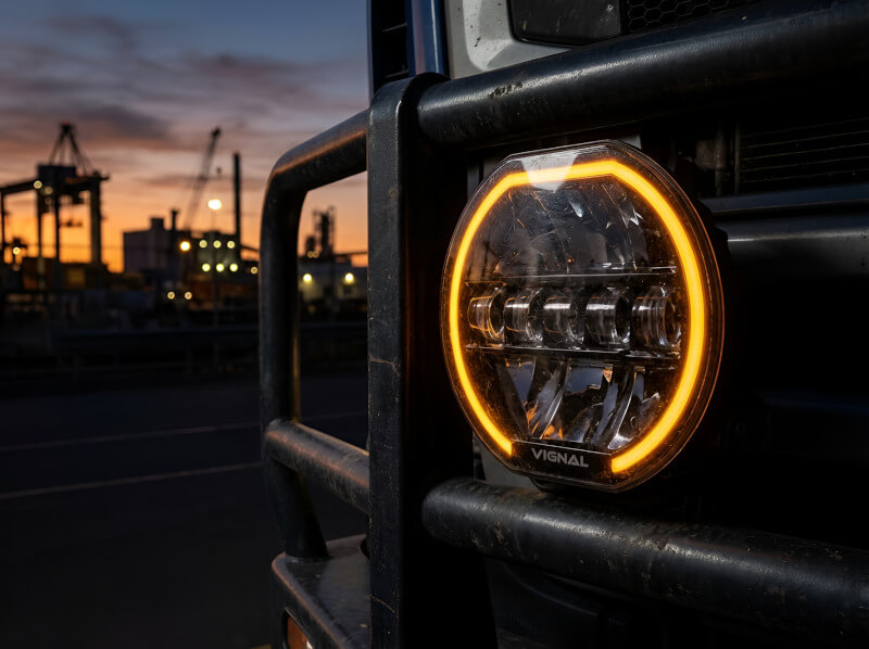 Přídavné 9palcové dálkové LED světlo s kruhovým pozičním světlem v detailu s aktivovaným oranžovým prstencem. Oranžové světlo vytváří souvislý kruh kolem hlavní optiky a dodává světlometu agresivní vzhled. - Přídavné dálkové LED světlo 9palcové s kruhovým pozičním světlem, 144W, IP68, R149, R10 Přídavné 9palcové dálkové LED světlo s kruhovým pozičním světlem v detailu s aktivovaným oranžovým prstencem. Oranžové světlo vytváří souvislý kruh kolem hlavní optiky a dodává světlometu agresivní vzhled. - Přídavné dálkové LED světlo 9palcové s kruhovým pozičním světlem, 144W, IP68, R149, R10