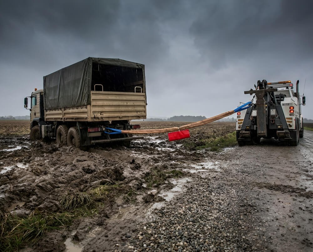 Profesionální tažný popruh pro nákladní vozy připojený mezi dvěma těžkými vozidly v terénu - Profesionální vyprošťovací tažný popruh 25 000 kg, délka 10m