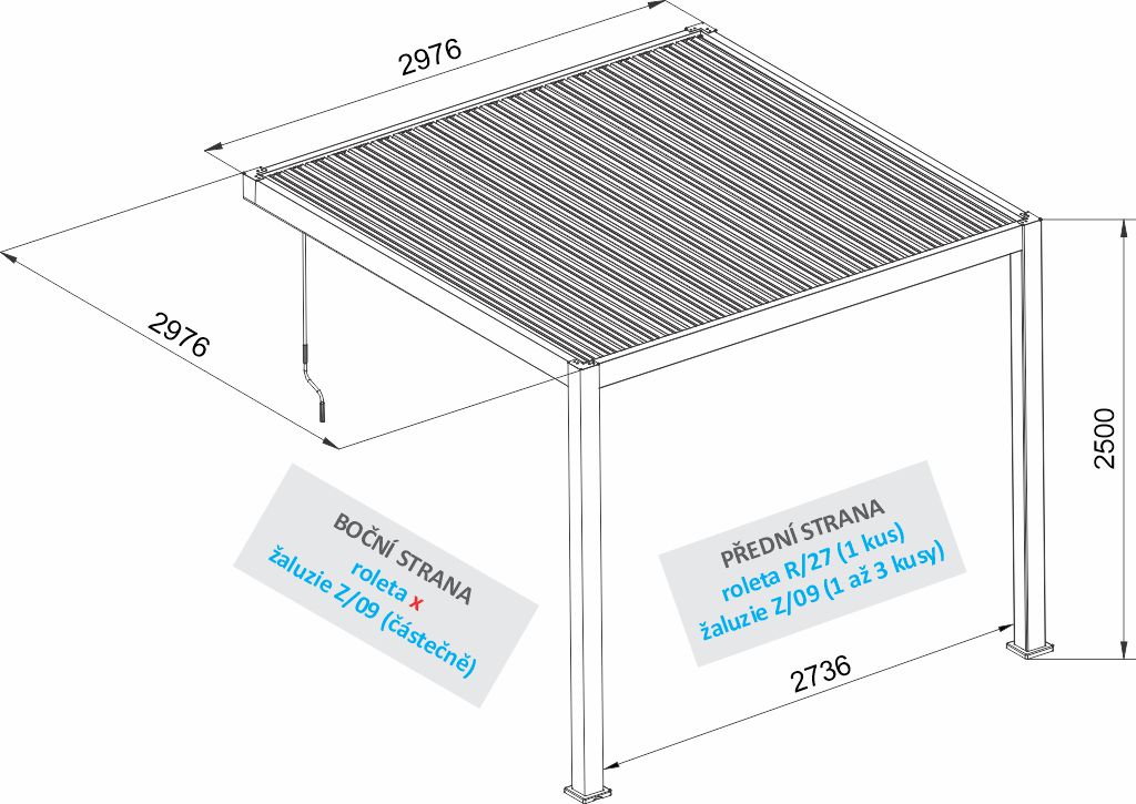 Rozměry nástěnné bioklimatické pergoly AMY 3x3 m