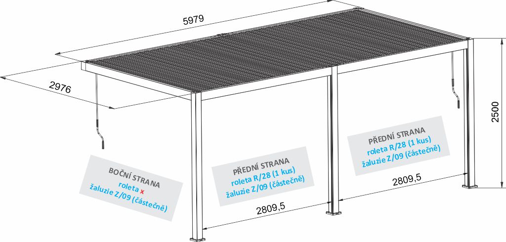 Rozměry nástěnné bioklimatické pergoly AMY 6x3 m