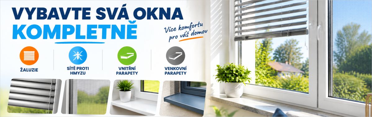 Žaluzie, sítě proti hmyzu, venkovní a vnitřní parapety Žaluzie, sítě proti hmyzu, venkovní a vnitřní parapety