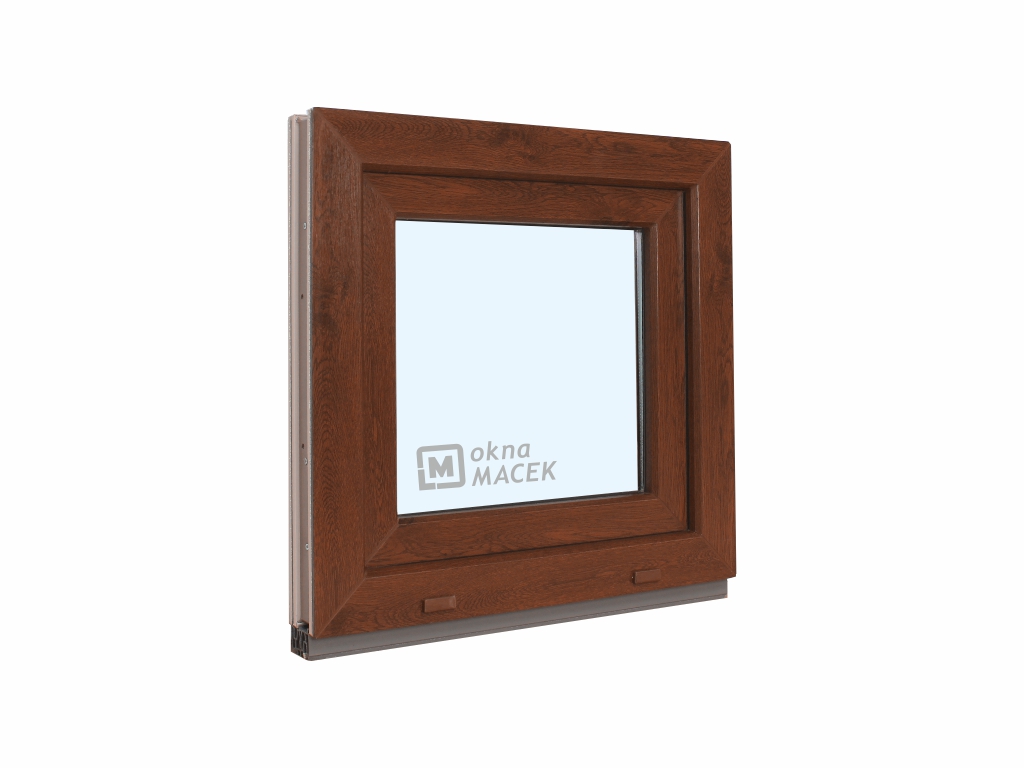Plastové okno - KNIPPING 70 AD, 600x600 mm, OS, ořech/bílá Otevírání: pravé, Sklo: ornamentální (kůra čirá)