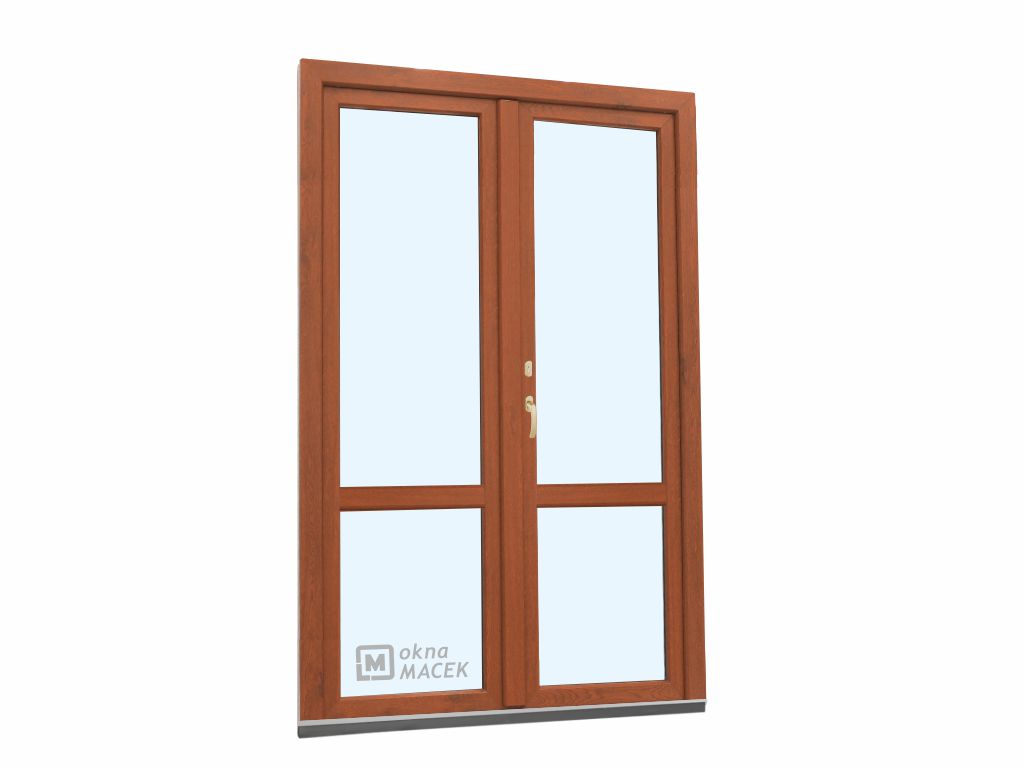 Plastové balkonové dveře - KNIPPING 70 AD, 1200x2200 mm, O+OS klapačka, s příčkou, zlatý dub Otevírání: pravé, Barva, imitace: zlatý dub/bílá (jednostranně), Provedení: oboustranná klika + FAB + hliníkový práh