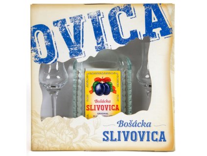 Darčeková kazeta Bošácka Slivovica OVICA + dva poháre RONA