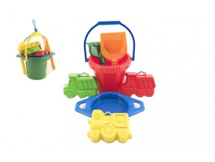 Kbelík sítko lopatka hrabičky 3 bábovky plast v síťce 20x28x12cm