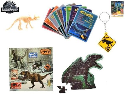 Jurský svět Dominion sada dino aktivit: puzzle. klíčenka, kostra, nálepky, karty v sáčku