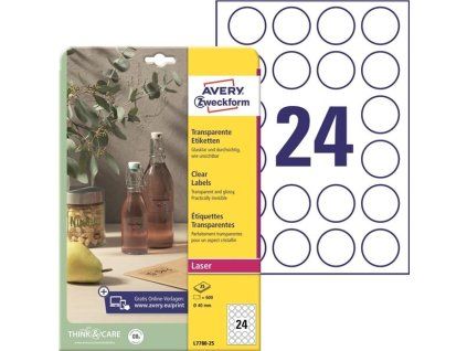Polyesterové kulaté etikety Avery transparentní, Ø 40 mm – samolepící kolečka, průměr 40 mm