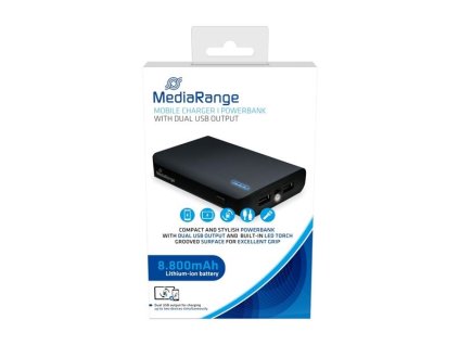 Powerbank MediaRange-8800 mAh, 2x USB-A, s led světlem, černá