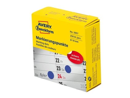 Kulaté etikety Avery v zásobníku Ø 19 mm – modré, 250 kusů
