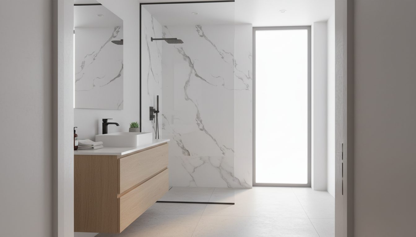 PVC panel s mramorovým dekorem ve sprchovém koutu
