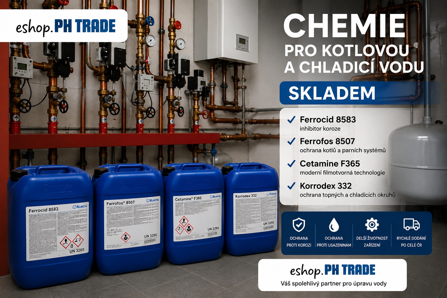 Chemie pro kotlovou a chladicí vodu skladem
