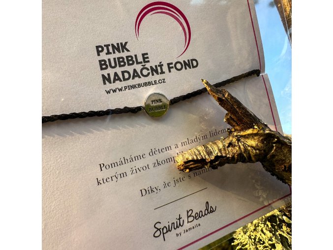 Náramek "Pink Bubble" černá šnůrka se stříbrnou bublinkou