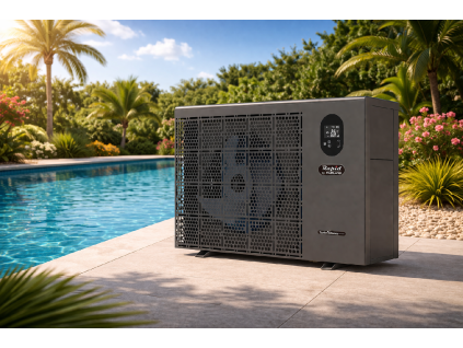 Modern poolside with heat pump unit