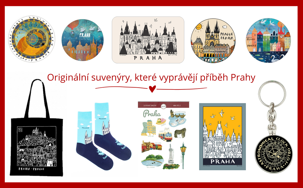 Originální suvenýry z Prahy – tašky, klíčenky, magnety, pohlednice, ponožky a další dárky s příběhem města.