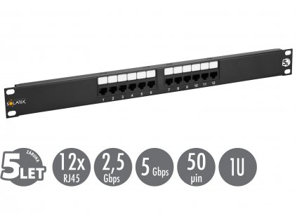 19'' patch panel Solarix 12 x RJ45 CAT5E UTP 150 MHz černý 1U SX12-5E-UTP-BK