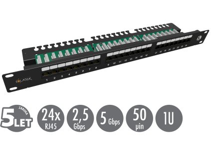 19'' patch panel Solarix 24 x RJ45 CAT5E UTP s vyvazovací lištou 1U SX24L-5E-UTP-BK-N