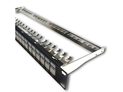 DATACOM Patch panel 19'' STP 24 port CAT6A 1U černý, vyvaz.lišta, beznástrojový