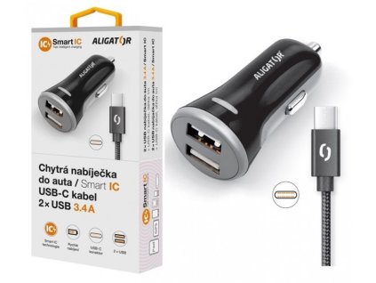 ALIGATOR Chytrá nabíječka do auta 3.4A, 2xUSB, smart IC, černá, USB-C kabel