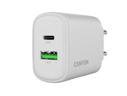 Canyon OnCharge 250, univerzálna nabíjačka do steny, 1x USB-C + 1x USB-A, PD 25W, biela