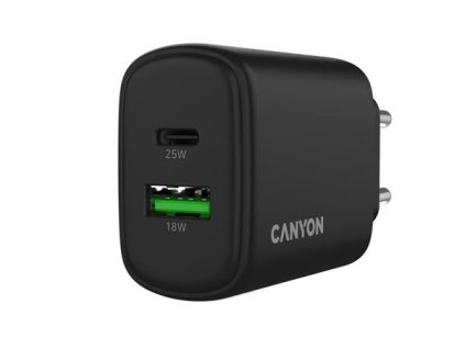 Canyon OnCharge 250, univerzálna nabíjačka do steny, 1x USB-C + 1x USB-A, PD 25W, čierna