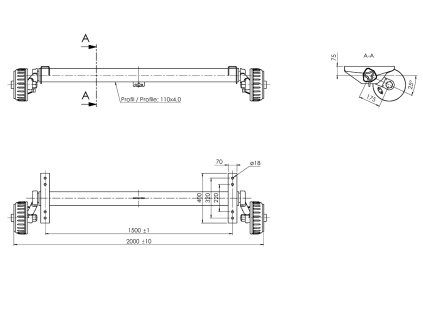 Náprava AL-KO Plus B 1800-9 (1800 kg) a=1500 mm, c=2000 mm, 112x5, zesílené patky