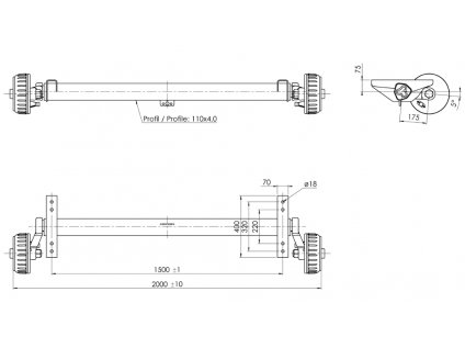 Náprava AL-KO Plus B 1800-9 (1800 kg) a=1500 mm, c=2000 mm, 2361, 112x5 zesílené patky AAA