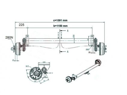 Náprava KNOTT GB 13 (1350 kg) b=1150 mm, c=1591 mm, 200x50, 112x5, Wasser, patky, PV 1.3