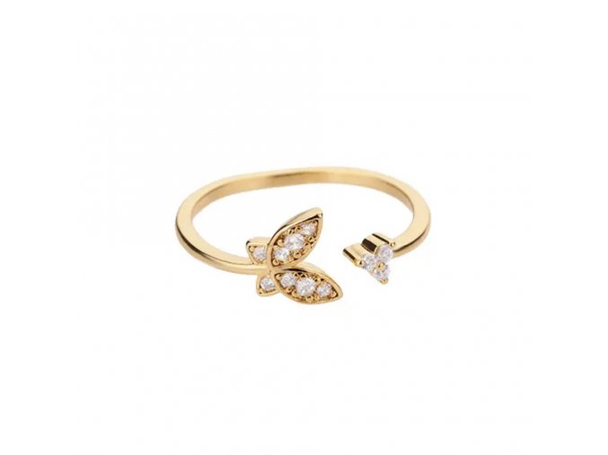 Prsten Motýlek s kytičkou ve zlaté barvě  nerezová ocel, nastavitelná velikost
