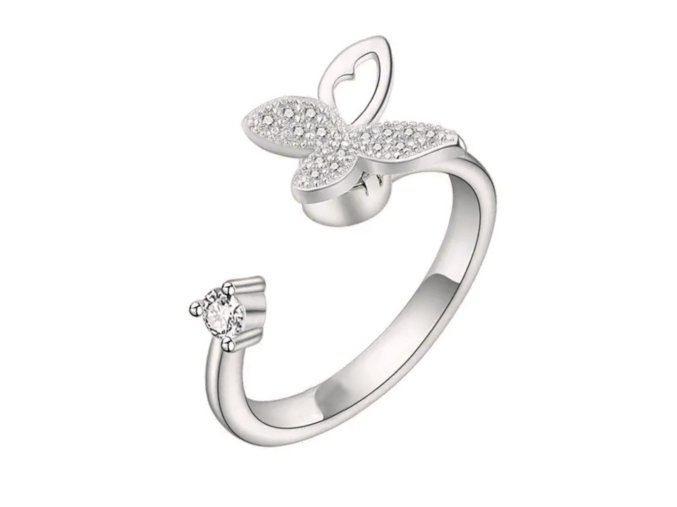 Antistresový prsten s otočným motýlkem ve stříbrné barvě  nastavitelná velikost, nerezová ocel
