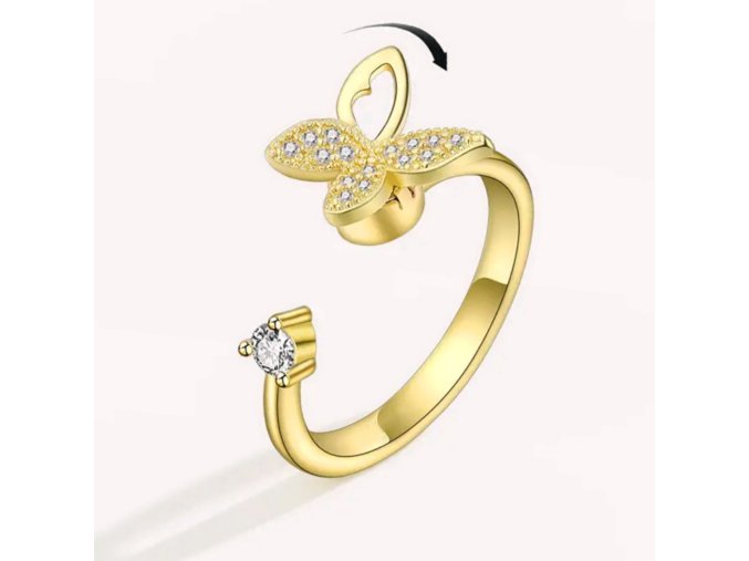 Antistresový prsten s otočným motýlkem ve zlaté barvě  nastavitelná velikost, nerezová ocel