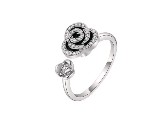 Antistresový prsten s růžičkou ve stříbrné barvě  nastavitelná velikost, nerezová ocel