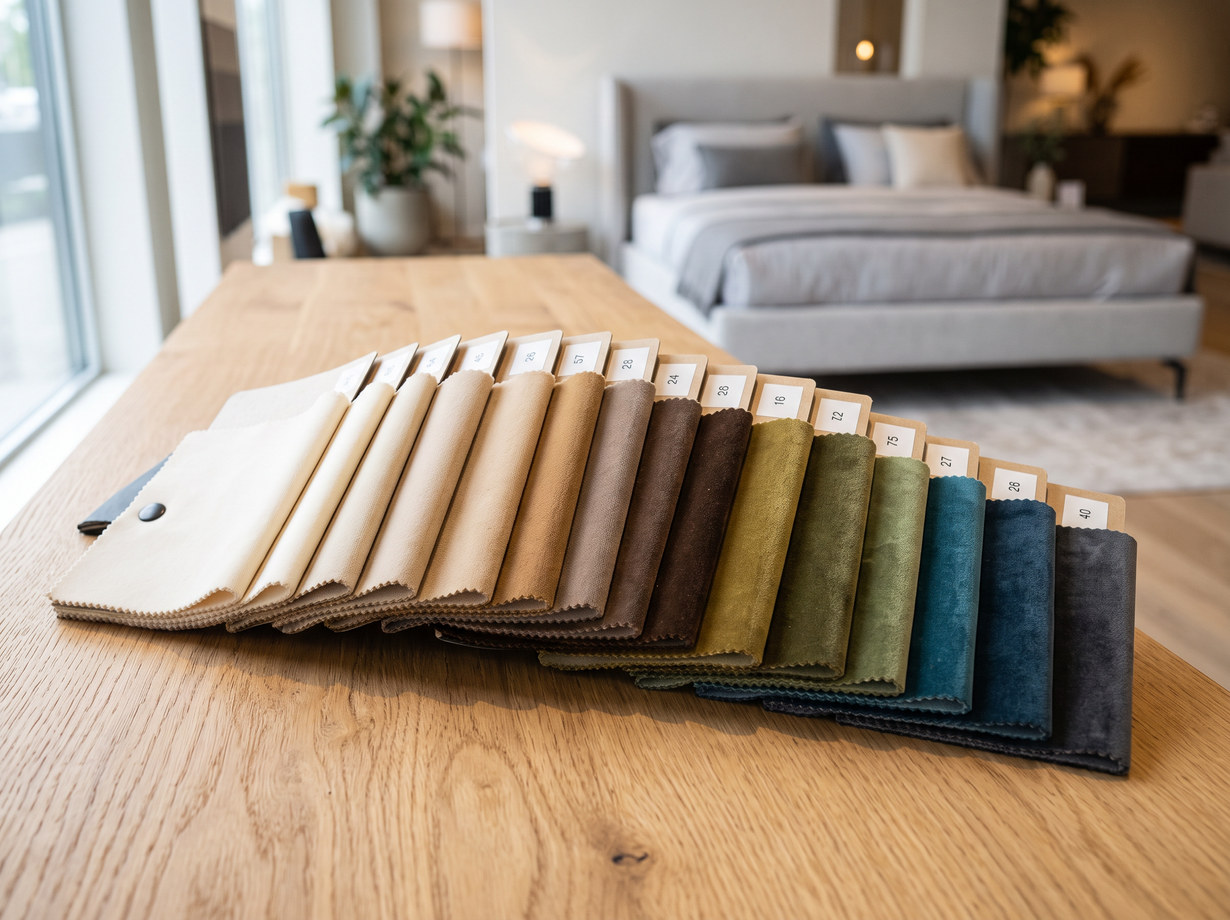 Fabric sample fan laid out on an oak table in the showroom