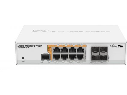 MikroTik Cloud Router Switch CRS112-8P-4S-IN - Přepínač - L3 - řízený - 8 x 10/100/1000 (PoE) + 4 x SFP - desktop, Lze montovat do rozvaděče - PoE+ - stejnosměrný proud