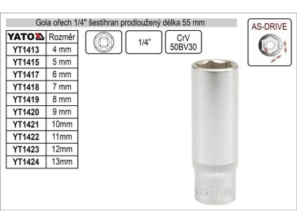 Gola ořech šestihran 1/4" prodloužený 10mm