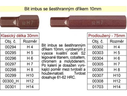 Bit imbus H 6 se šestihranným dříkem 10mm délka 75mm